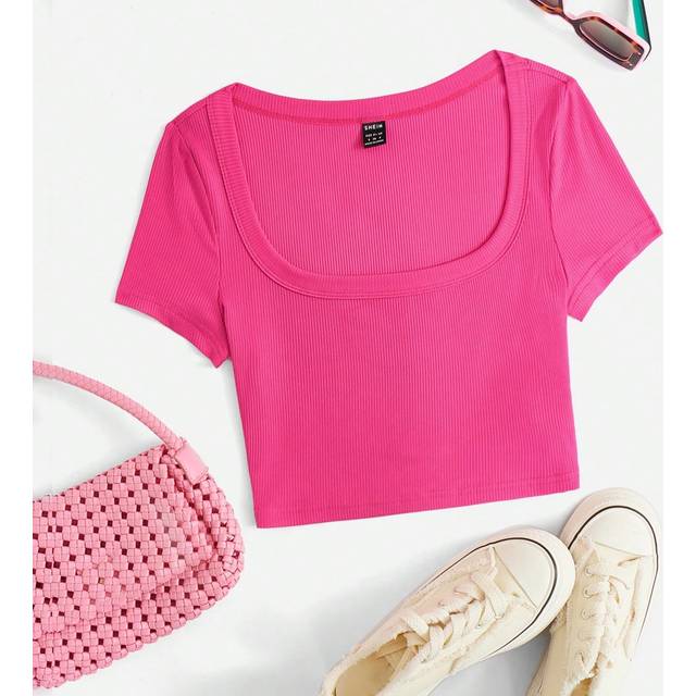 SHEIN Summer Going Out Solid Color Women&#39;s Scoop Neck Crop Tee