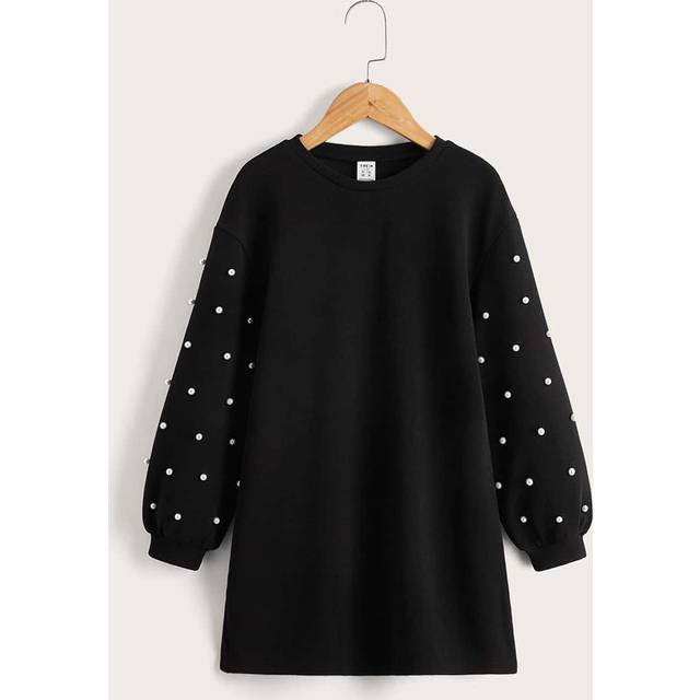 SHEIN Tween Girl Stylish Pearl Beaded Lantern Sleeve Dress With Unique Sleeves Design