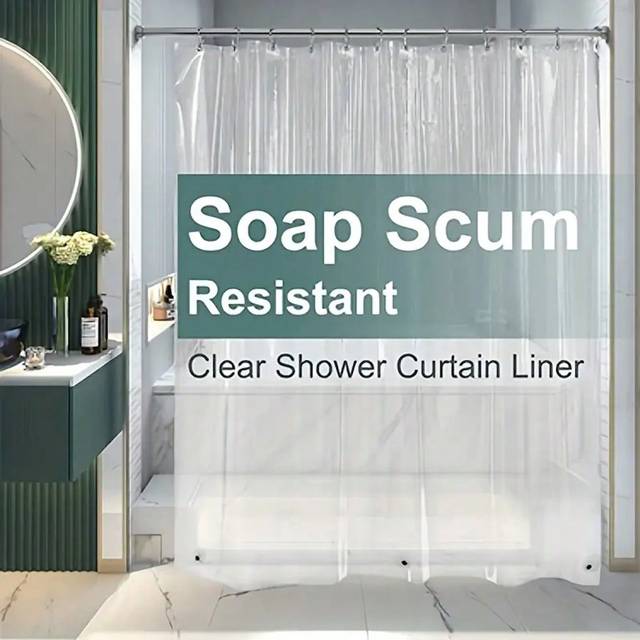 SHEIN 1pc Clear Shower Curtain Liner With Hooks, Plastic Waterproof Shower Curtain Liner With 3 Weighted Magnets, Transparent Mildew Resistance Shower Curta