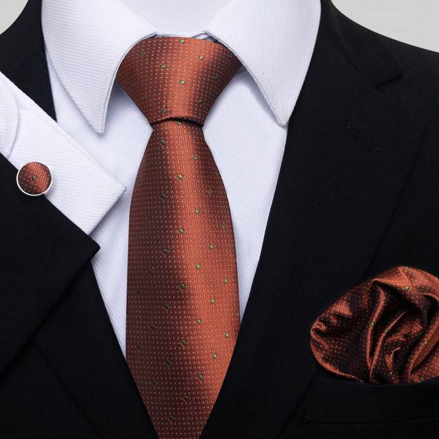 1 set slips, näsduk och manschettknappar för män, 8 cm prickig slips lämplig för festivaler, bröllop och arbetstillfällen, herrslips - Bränd Orange
