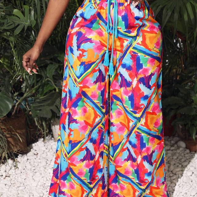 Slaydiva Music Festival Casual Resort Women&#39;s Full-Length Abstract Geometric Print Pattern Resort Wide Leg Pants