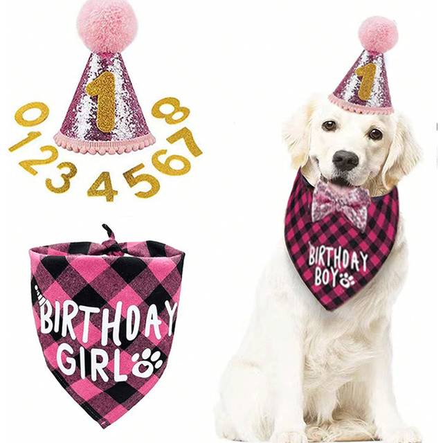 SHEIN 1pc Pet Bib & Hat & Bowtie Party Set For Dog&#39;s Birthday Decoration With Balloon & Letter Banner