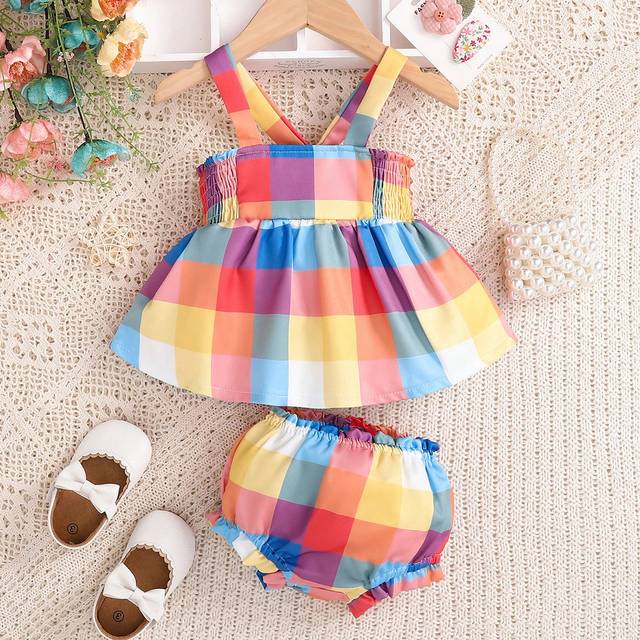 SHEIN Fashionable Checkered Backless Vest Top And Shorts Set For Baby Girls, Summer