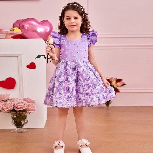 SHEIN Young Girl Square Neck Short Sleeve Dress With Pearl Studs Beaded 3d Flowers