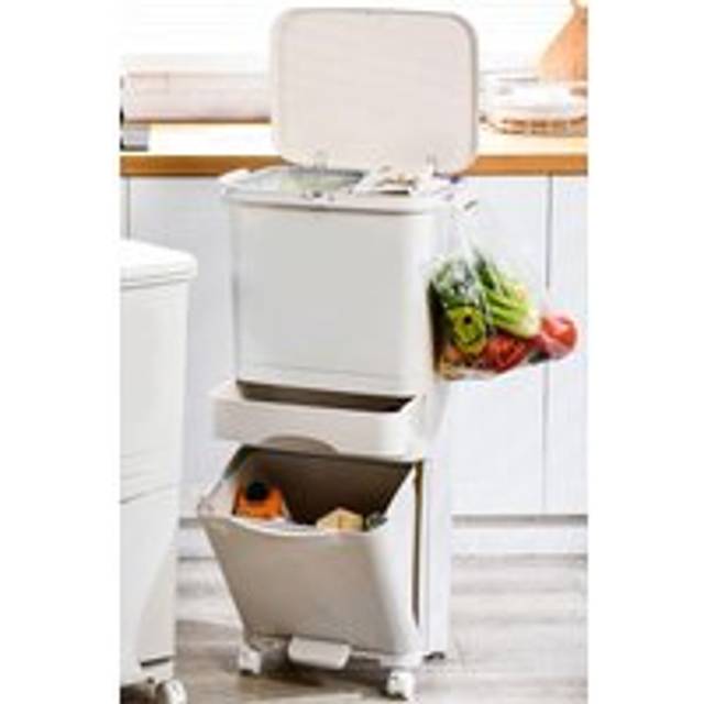 42L Rubbish Dustbin Pedal Recycling Bin Compartments Removable Waste Trash Kitchen with Drawer & Wheels & Hooks - White - One Size