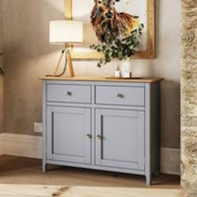 FW Style Taberno Solid Oak 2 Door Compact Sideboard Dove Grey, Grey