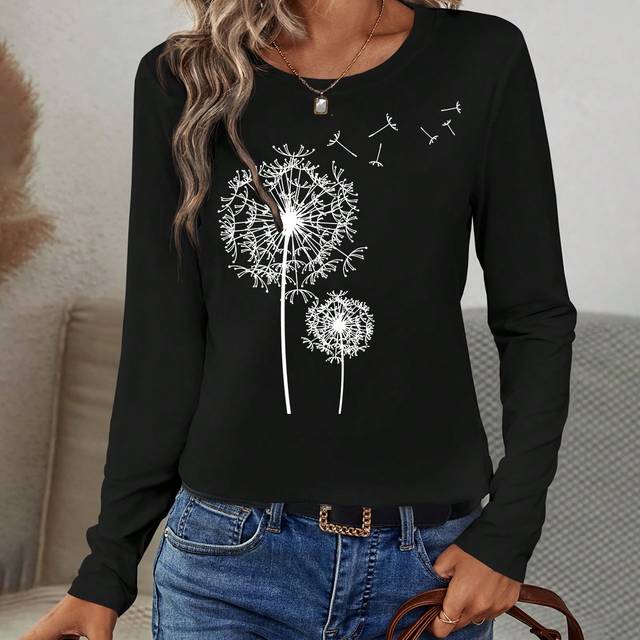 Kvinnors långärmade maskrostryckta T-shirt Grafiska T-shirts Damtoppar för vårens outfit - Svart (L,M,S,XL)