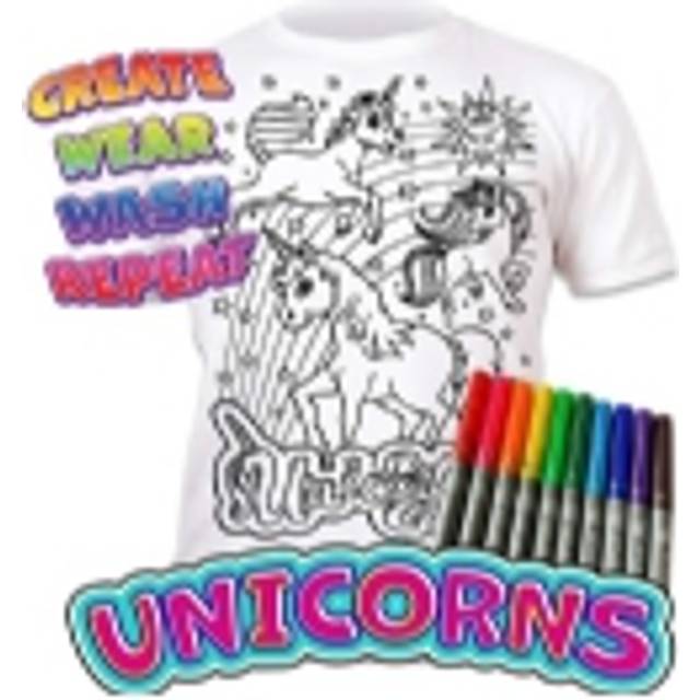 Colour-in Unicorn T-Shirt with 10 Non-Toxic Washable Magic Pens - Colour-in and Wash Out T-Shirt (Age 5-6) White