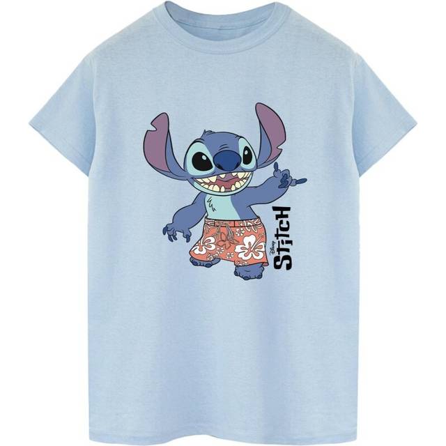(L, Baby Blue) Disney Womens/Ladies Lilo & Stitch Bermuda Shorts Cotton Boyfriend T-Shirt