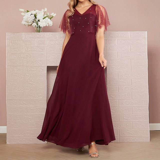 SHEIN Pearls Beaded Mesh Sleeve Bridesmaid Dress