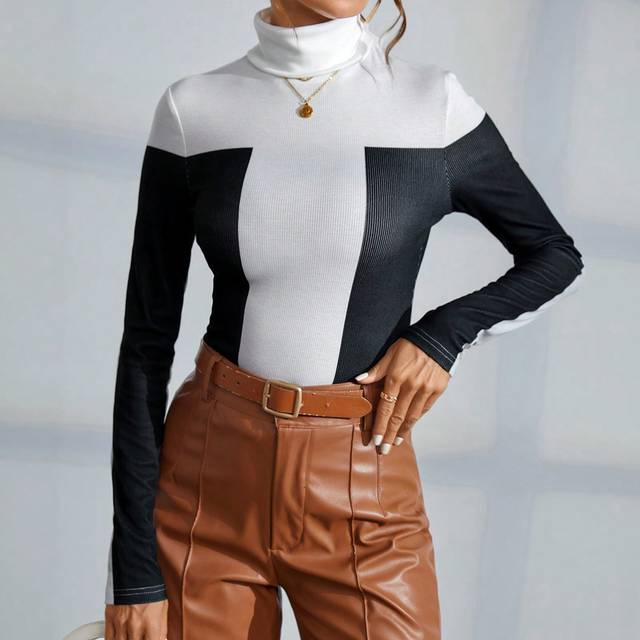 SHEIN Color Block High Neck Long Sleeve T-shirt