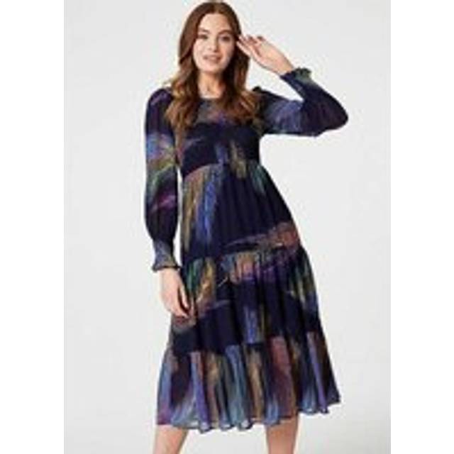 Feather Print Midi Smock Dress - Blue - Size 8 - Izabel London