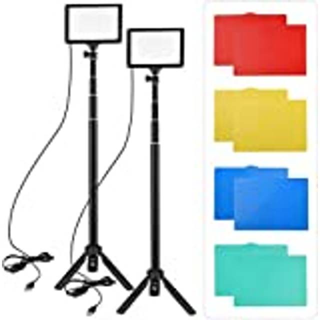 Andoer 2-pack LED-videolampa dimbar 3200 K–5600 K, med justerbart stativ stativ, 5 färger färgfilter, för YouTube, spelstreaming fotografering