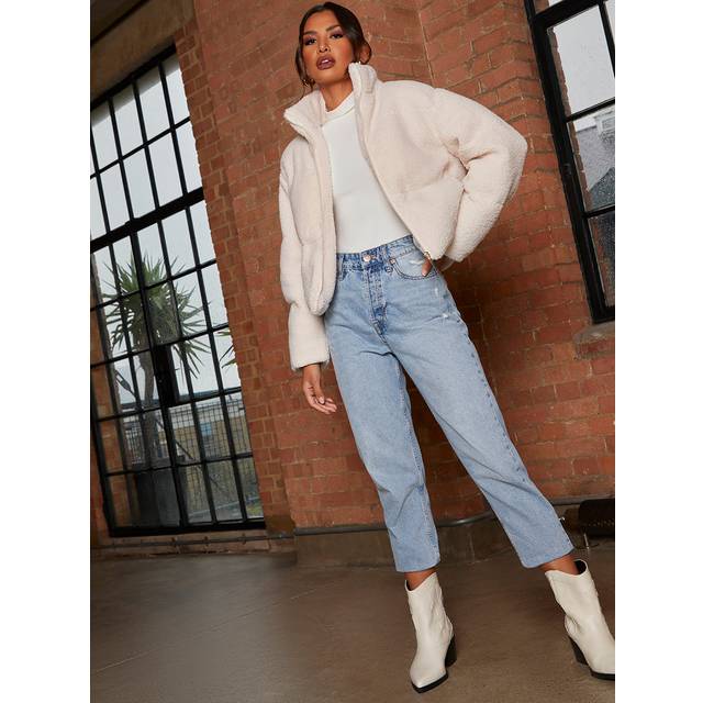 Short Padded Borg Coat in Cream - 6