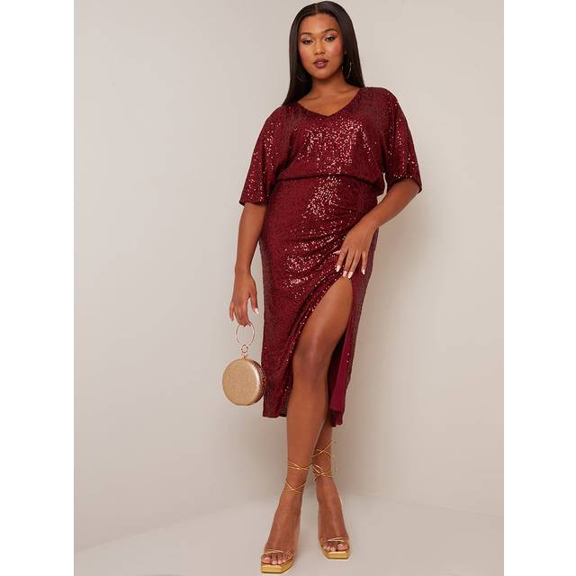 V Neck Sequin Midi Dress in Red - 6