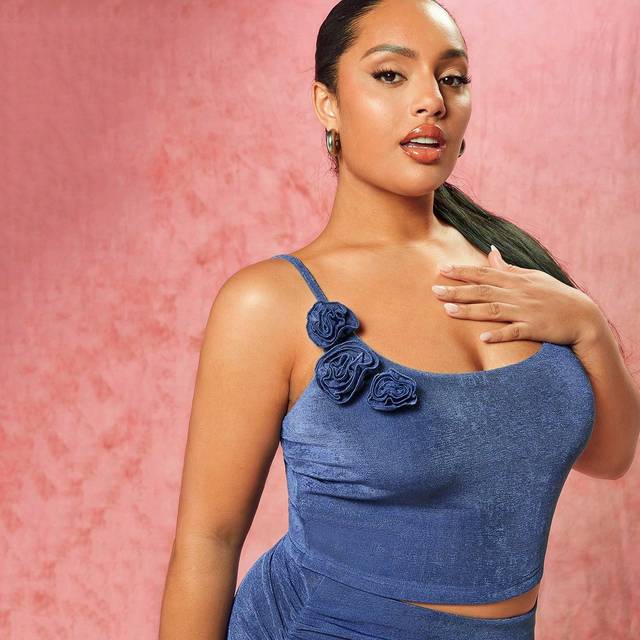 Blå Glitter Cami Tredimensionell Blommigt Plus Storlek Linnen - Dammblå (0XL,1XL,2XL,3XL,4XL,5XL)