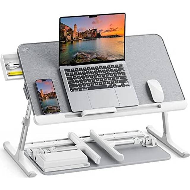 Sängbord för laptop, SAIJI 100 % miljövänliga träbrädor, laptopstativ med låda, vikbara ben, 40 kg belastning, vinkelhöjd justerbar, läsning, äta på säng, soffa (grå 60 x 32 cm)