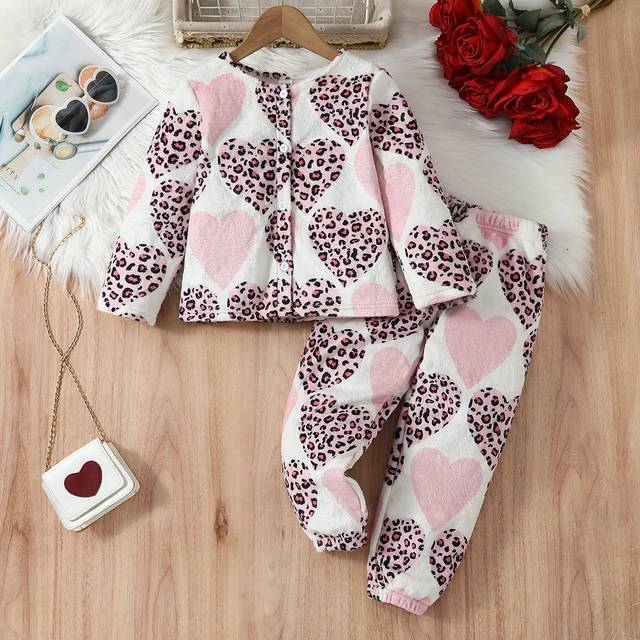 Små Flickor Leopardtryck Hjärta Mönstrad Pyjamasset - Multifärgad (6Y,7Y,4Y,5Y)