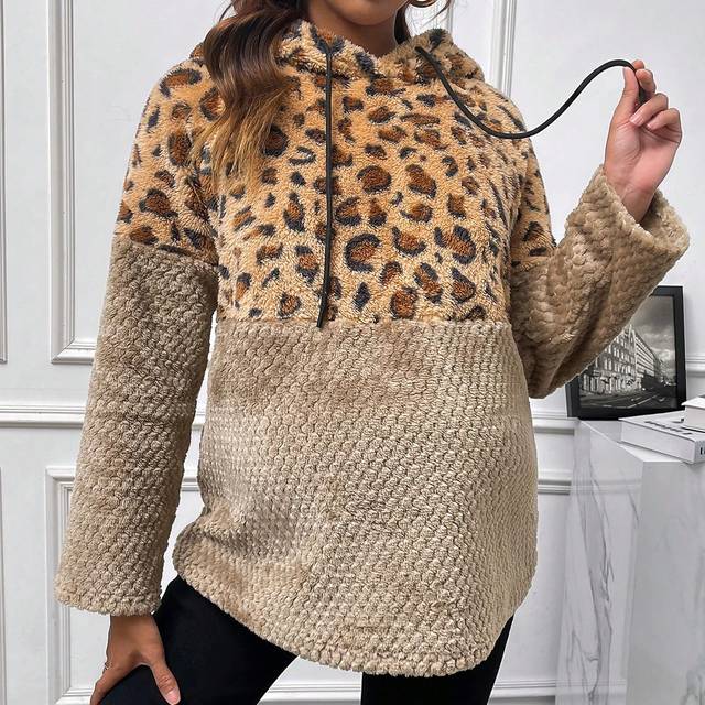 Gravida kvinnors leopardmönstrade fleecesportkläder för gravida, till vintern - Kaki (L,M,S,XL,XS,XXL,XXS)