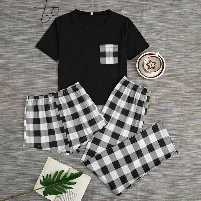 SHEIN Women&#39;s Plaid Pajama Set With Patchwork Pocket Top And Pants