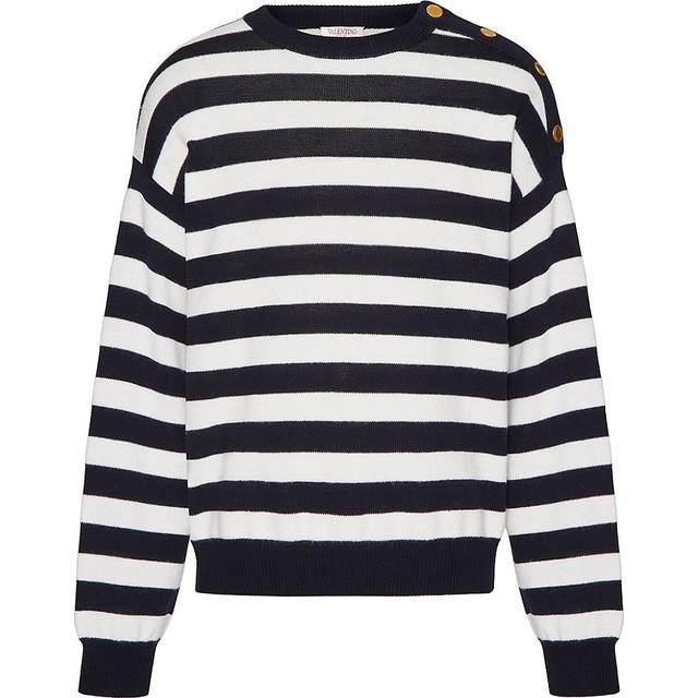 Valentino Garavani Women's Embroidered Cotton Blend Sweater in Stripped | Size Medium | 4V3KC29A9YG Color 6A1 (M)