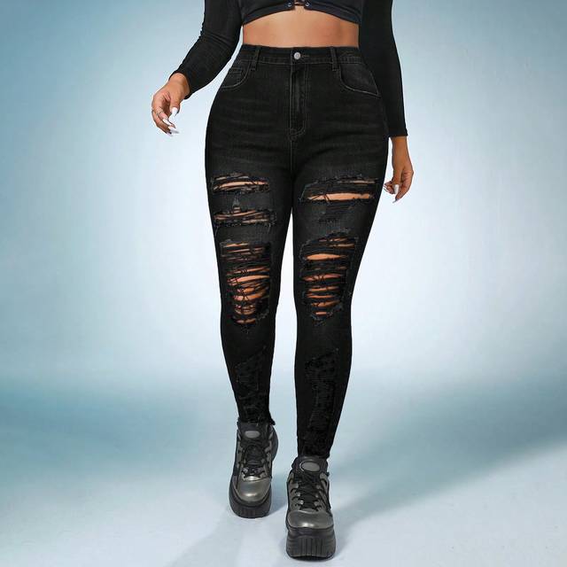 SHEIN Plus High Waist Ripped Skinny Jeans