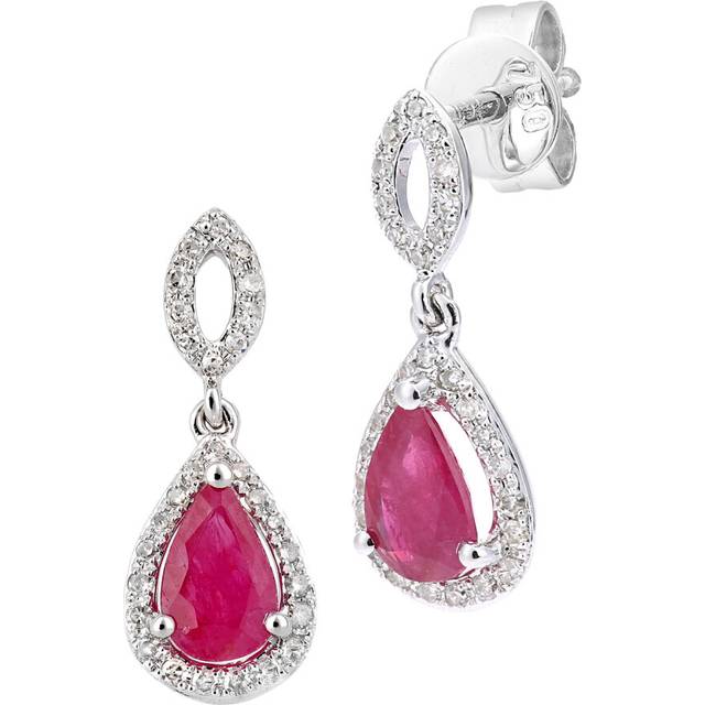 Jewelco London 18ct White Gold Round 12pts Diamond Pear 1ct Ruby Cluster Drop Earrings - DE1AXL610W18RU