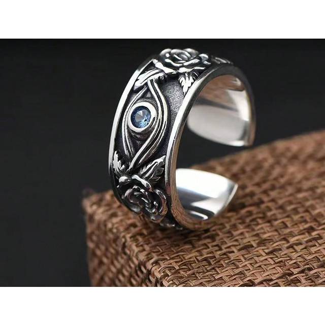 SHEIN 1pc Antique Silver-Color Horus Eye Open Ring For Men, Adjustable, Retro Style, Best Gifts For Boys
