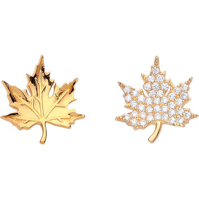 Jewelco London Ladies Yellow Gold-Plated Sterling Silver Canada Maple Leaf Stud Earrings - GVE695
