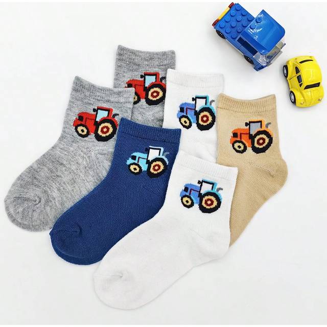 SHEIN 6pairs Boys&#39; Cartoon Tractor Pattern Cute Breathable Comfort Round Socks, Fashionable Socks For Children Aged 1-6