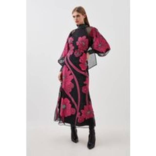 Petite Applique Organdie Floral Graphic Woven Maxi Dress - Black
