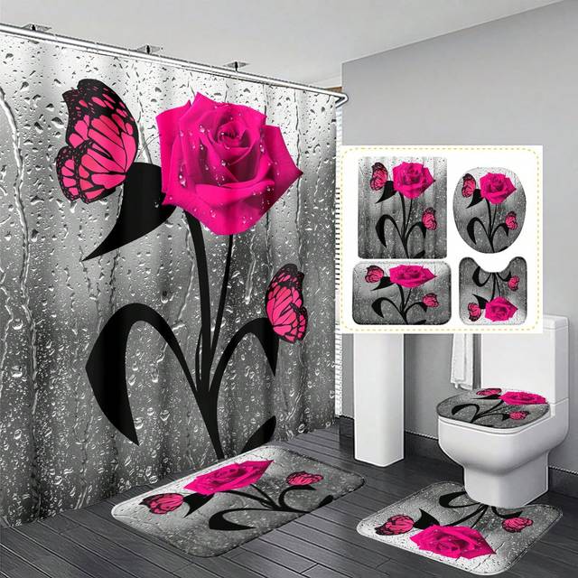1st/4st Vattendroppe Rosa Rosor Och Fjärilar Polyester Vattentät Och Isolerad Heminredning Badrum Duschdraperi Med 12 Krokar Badrum Anti-Slip Matta U- (180*180,fyra delar set)
