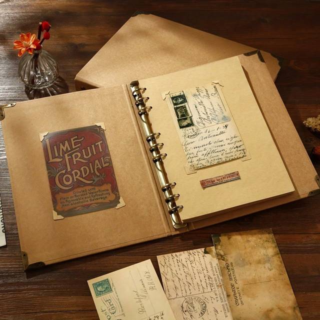 SHEIN Vintage Loose-Leaf Notebook In A4/A5/A6/B5 Size, Simple Blank Kraft Paper Cover Wrap With Metal Protection, Student Diary Notebook For Girls With Anti