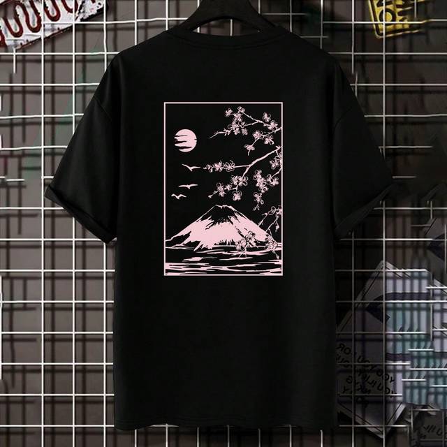 Manfinity Men Plus Size Mountain And Moon Graphic Pattern Short Sleeve T-Shirt, For Going Out