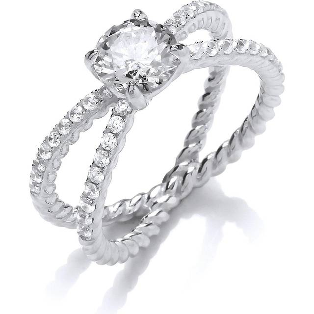 (M) Jewelco London Ladies Rhodium Plated Sterling Silver Cubic zirconia Split Rope Twist Solitaire Engagement Ring