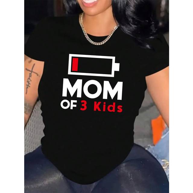 INAWLY Letter Printed Power Supply Short Sleeve T-Shirt MOM OF 3 Kids Graphic Tees Women Tops