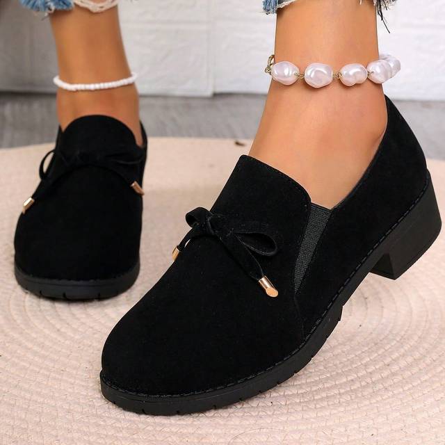 SHEIN Women&#39;s Slip-On Suede Loafers With Fringe Tassels, Slip-Resistant Soft Bottom, Bowknot Decor, Vintage British Style, Comfortable Work Shoes