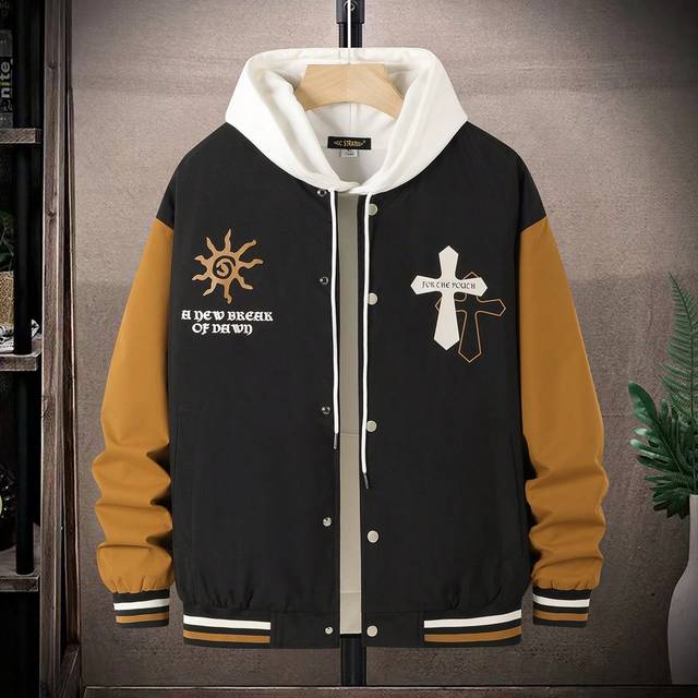 1 st. Lös passform Herr Färgblock Varsity Jacka Med Slagord Och Kors Tryck , Nedhasade aclar Design - Svart (L,M,S,XL,XXL)