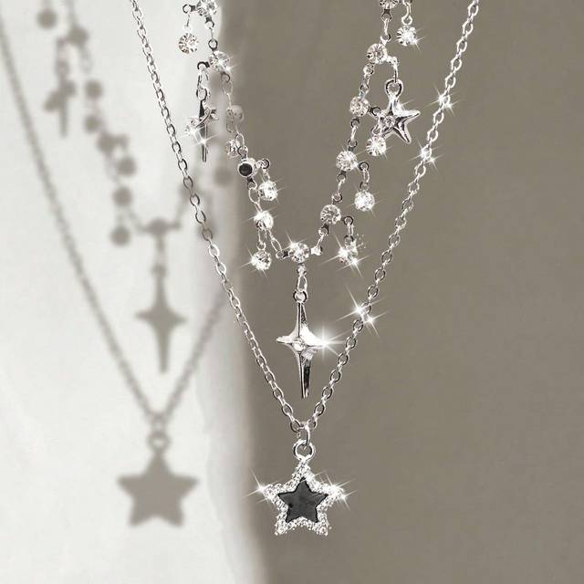 SHEIN 2pcs Dainty Star & Inlaid Layered Necklaces, High-End Feeling, Cool & Chic Style, Cross Pendant, Sweet & Cool Combination