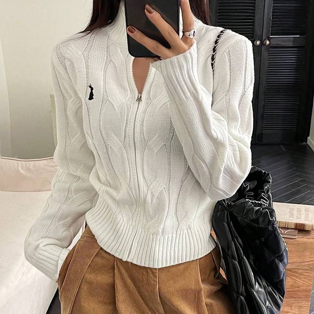 Kvinnors kaninbroderi dragkedja fram cardigan, långärmade toppar - Beige (L,M,S,XL)