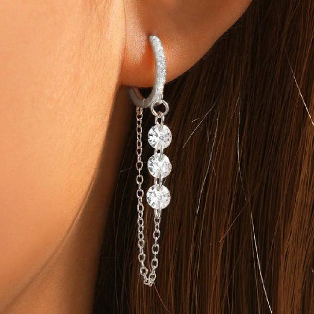 SHEIN 1Pair 925 Sterling Silver Classic Crystal Zirconia Hoop Earrings With Diamond 18K Gold Plated Long Dangle Earrings Tassel Wedding Dangle Earrings For