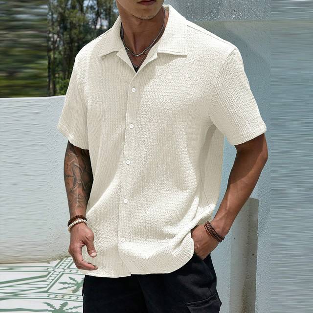 Manfinity Loose Fit Men&#39;s Solid Color Button-Up Short Sleeve Casual Shirt