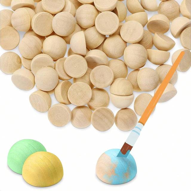 SHEIN 50pcs 15mm Half Round Wooden Beads, Mirror Decoration Half Side Wooden Beads, DIY Half Wooden Balls Half Craft Balls Unfinished Split Wooden Beads For