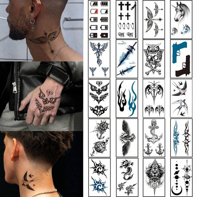 SHEIN 20Pieces Temporary Tattoos Stickers Personality Men Cool Girl Cold Winter Stick To The Body Naked Part Tattoo Stickers Back Of The Hand Finger Neck Ea