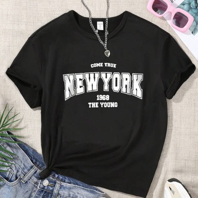 SHEIN Teenage Girls&#39; Short Sleeve NEW YORK Letter Printed Casual T-Shirt, Summer