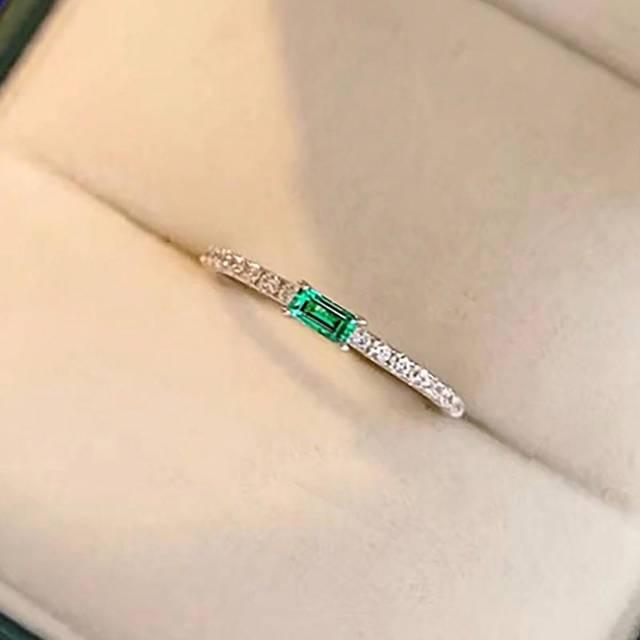 SHEIN Luxury 925 Sterling Silver Long Rectangle High Carbon Stone Ring With Cubic Zirconia & Green Stone Decor