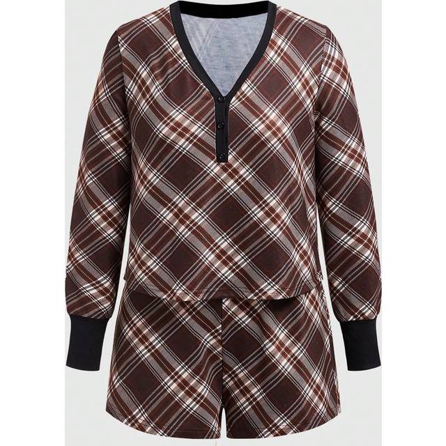 damer Vintage Brunt Rutigt Lång Ärm Pyjamasset - Multifärgad (L,M,S)