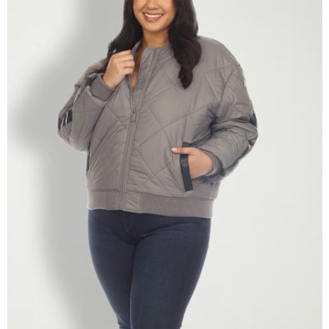 White Mark PS8945-20-3X Womens Plus Size Lightweight Diamond Quilted Puffer Bomber Jacket, Grey - 3X