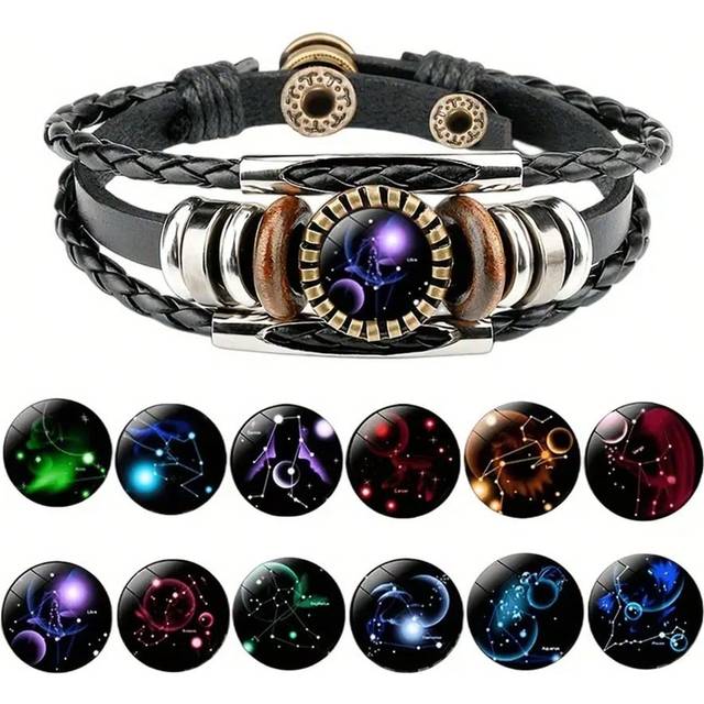 12 Stjärntecken Pärlor PU Läder Och Hänge Armband , 12 Stilar Tillgänglig - Svart (En-Storlek)