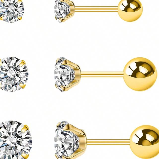 SHEIN 6pcs/Set 18k Gold/Silver Plated Square Crystal & Cubic Zirconia Decorated Twist Nose & Ear Studs, 2-3-4mm, Suitable For Daily Wear, Valentine&#39;s Day, C